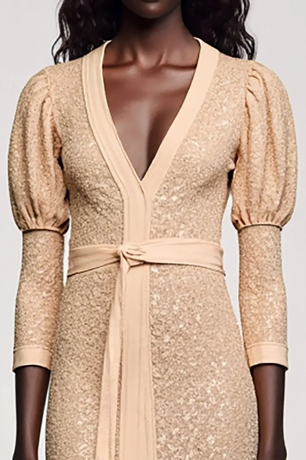 Jacquard Apricot V Neck Sheath Wedding Guest Dress sold by Zapaka product image thumbnail 3