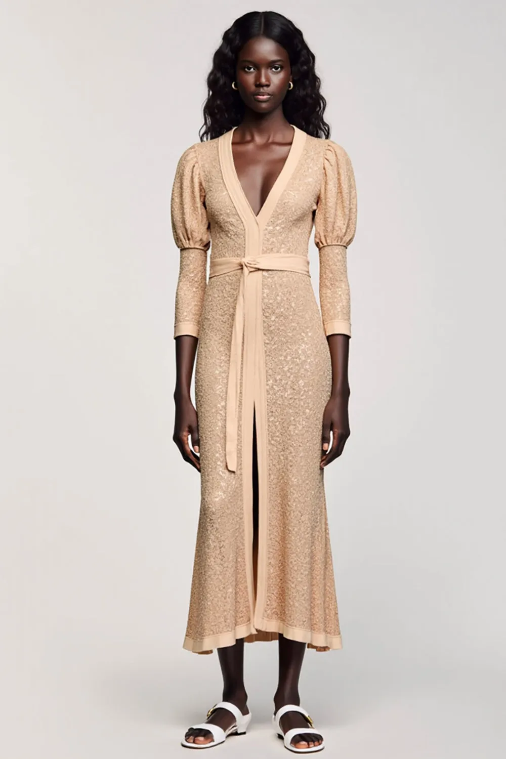 Jacquard Apricot V Neck Sheath Wedding Guest Dress sold by Zapaka