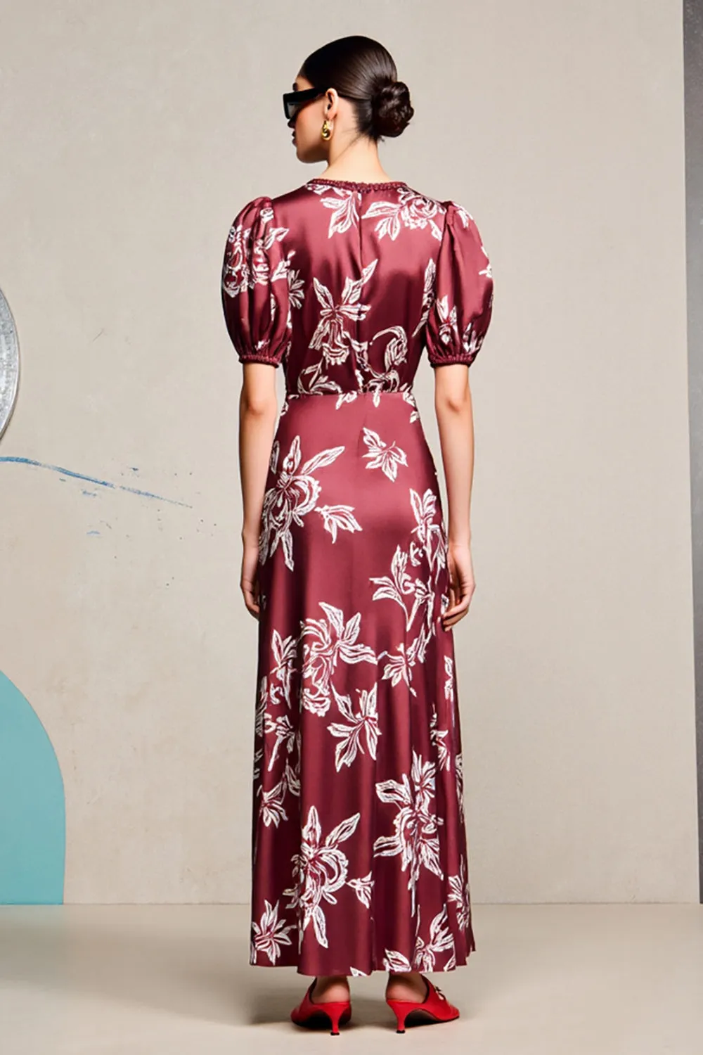 Red Sheath V Neck Printed Wedding Guest Dress With Slit sold by Zapaka product image thumbnail 2