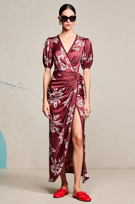 Red Sheath V Neck Printed Wedding Guest Dress With Slit sold by Zapaka