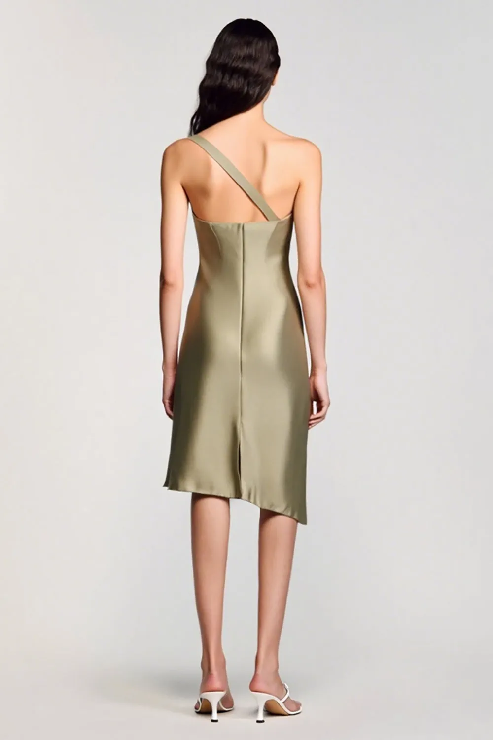 Olive Satin One Shoulder Sheath Wedding Guest Dress sold by Zapaka product image thumbnail 2