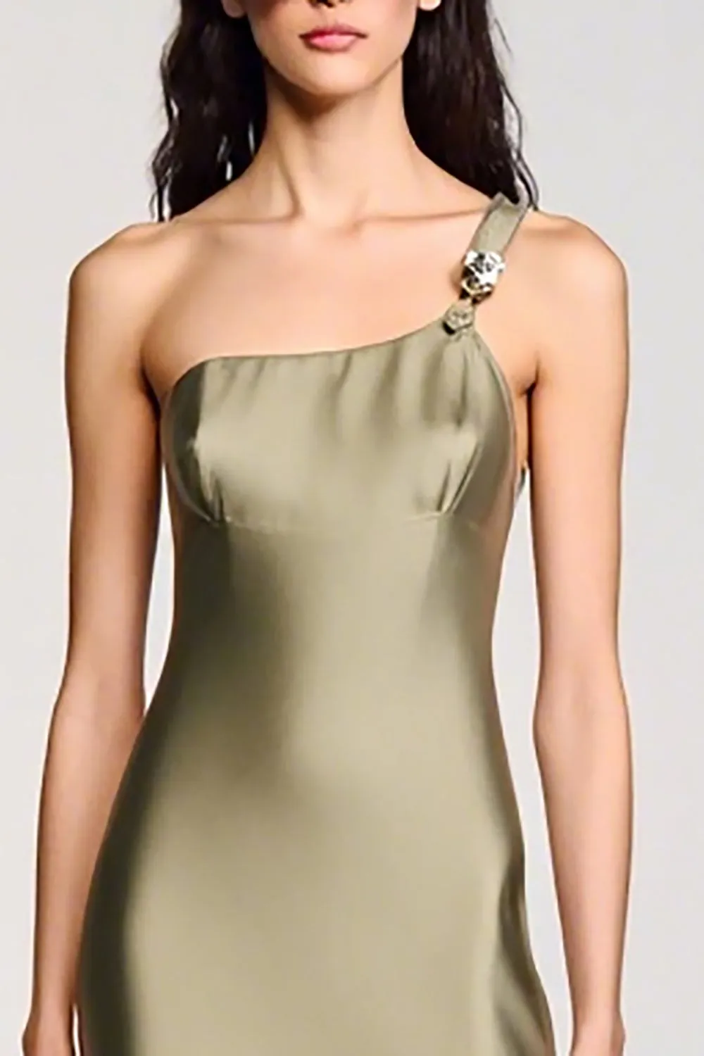 Olive Satin One Shoulder Sheath Wedding Guest Dress sold by Zapaka product image thumbnail 3
