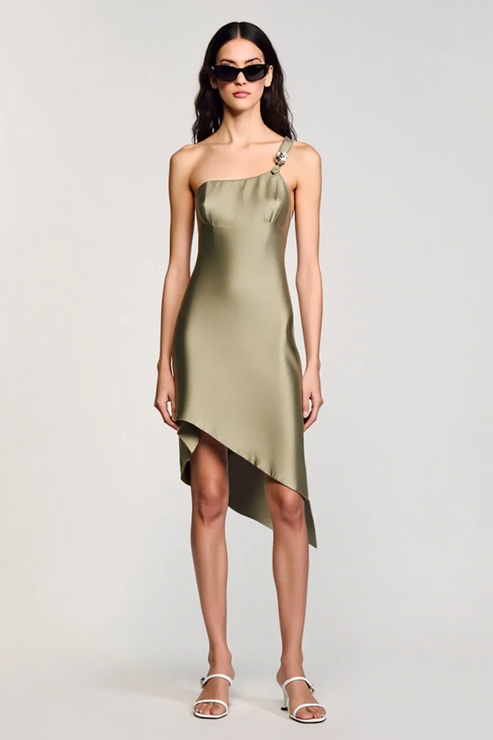 Olive Satin One Shoulder Sheath Wedding Guest Dress sold by Zapaka