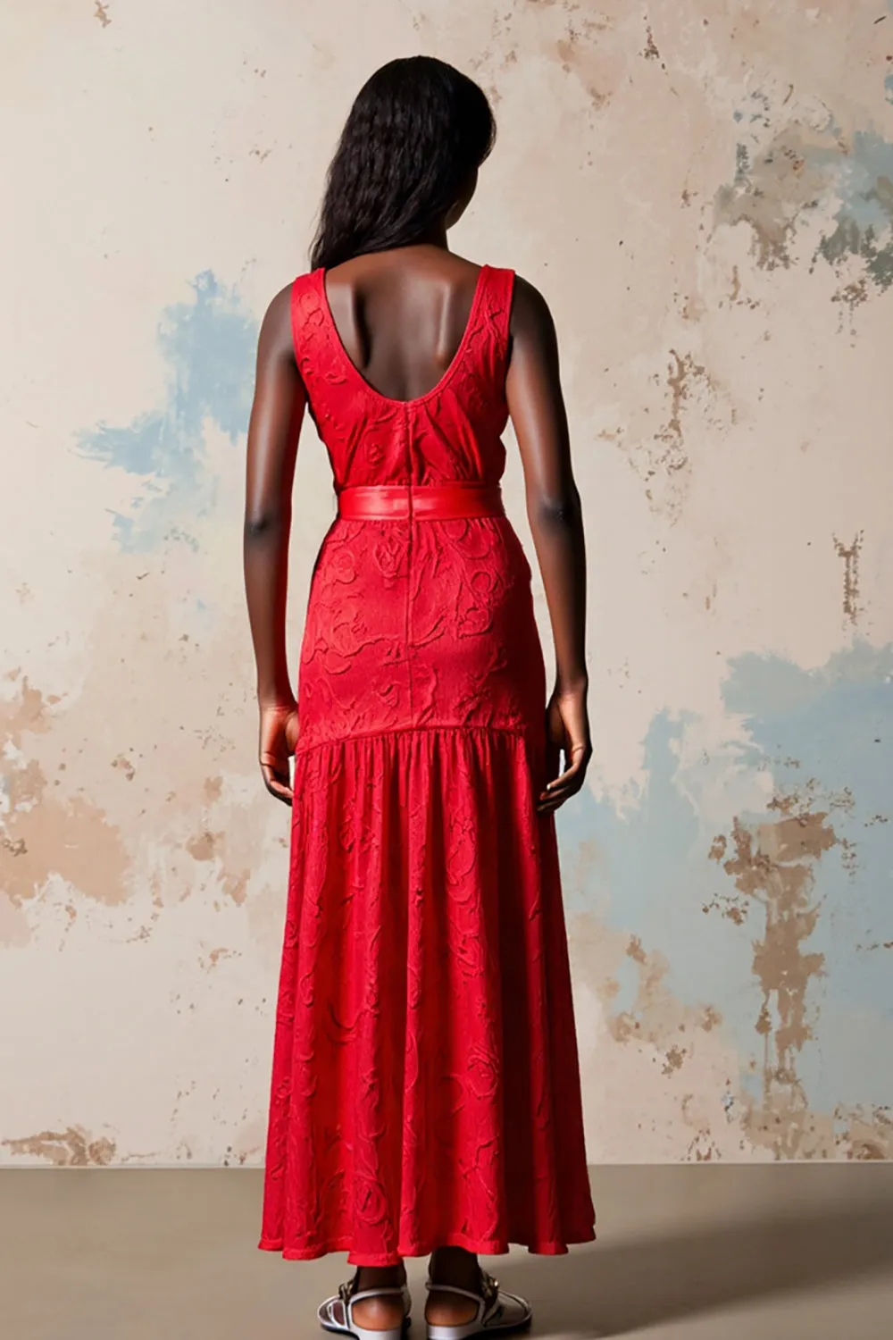Red A Line V-Neck Wedding Guest Dress with Belt sold by Zapaka product image thumbnail 2