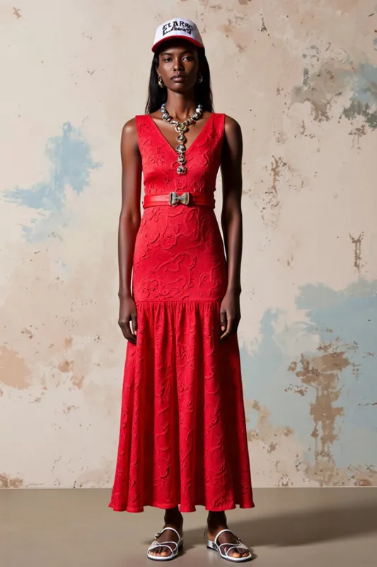 Red A Line V-Neck Wedding Guest Dress with Belt sold by Zapaka