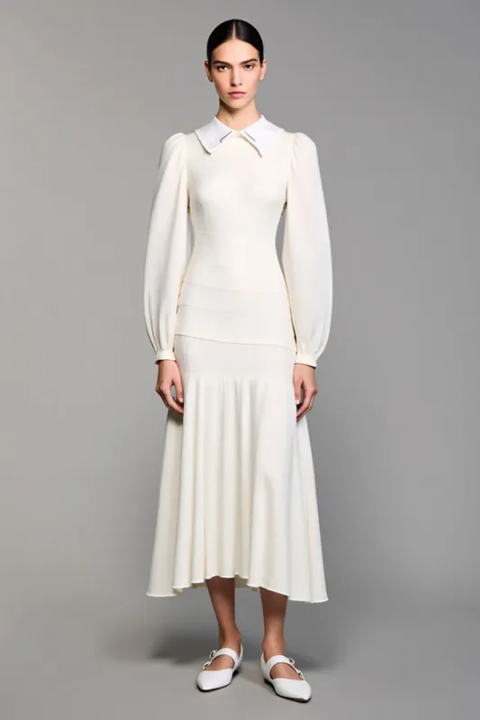 Long Sleeve Lapel A Line Ivory Wedding Guest Dress sold by Zapaka