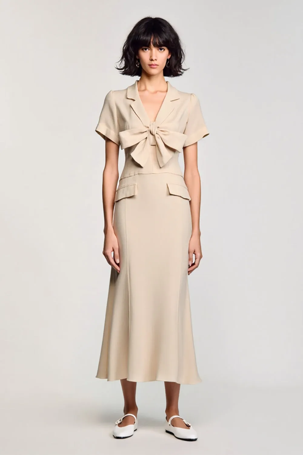 Apricot Notched Lapel Sheath Wedding Guest Dress with Bow sold by Zapaka
