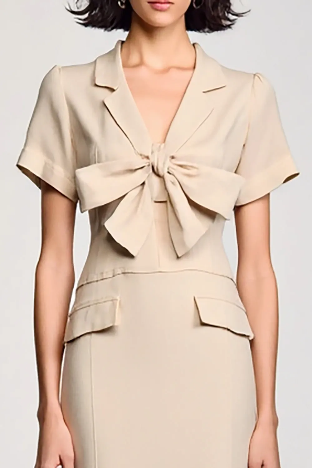 Apricot Notched Lapel Sheath Wedding Guest Dress with Bow sold by Zapaka product image thumbnail 3