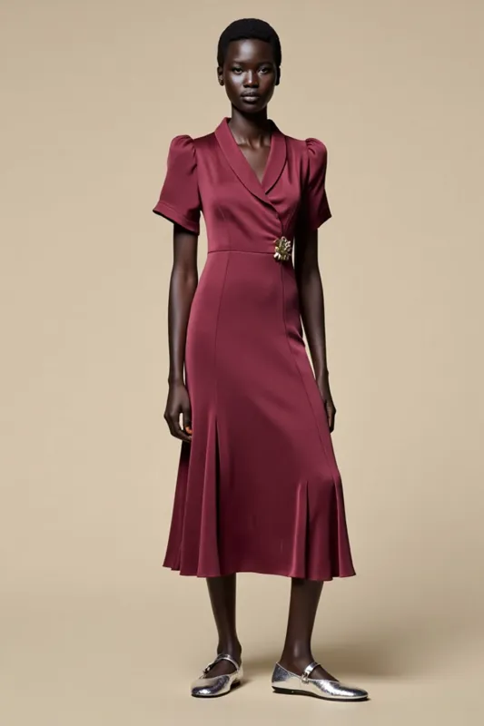 Shawl Lapel Burgundy A Line Midi Wedding Guest Dress sold by Zapaka