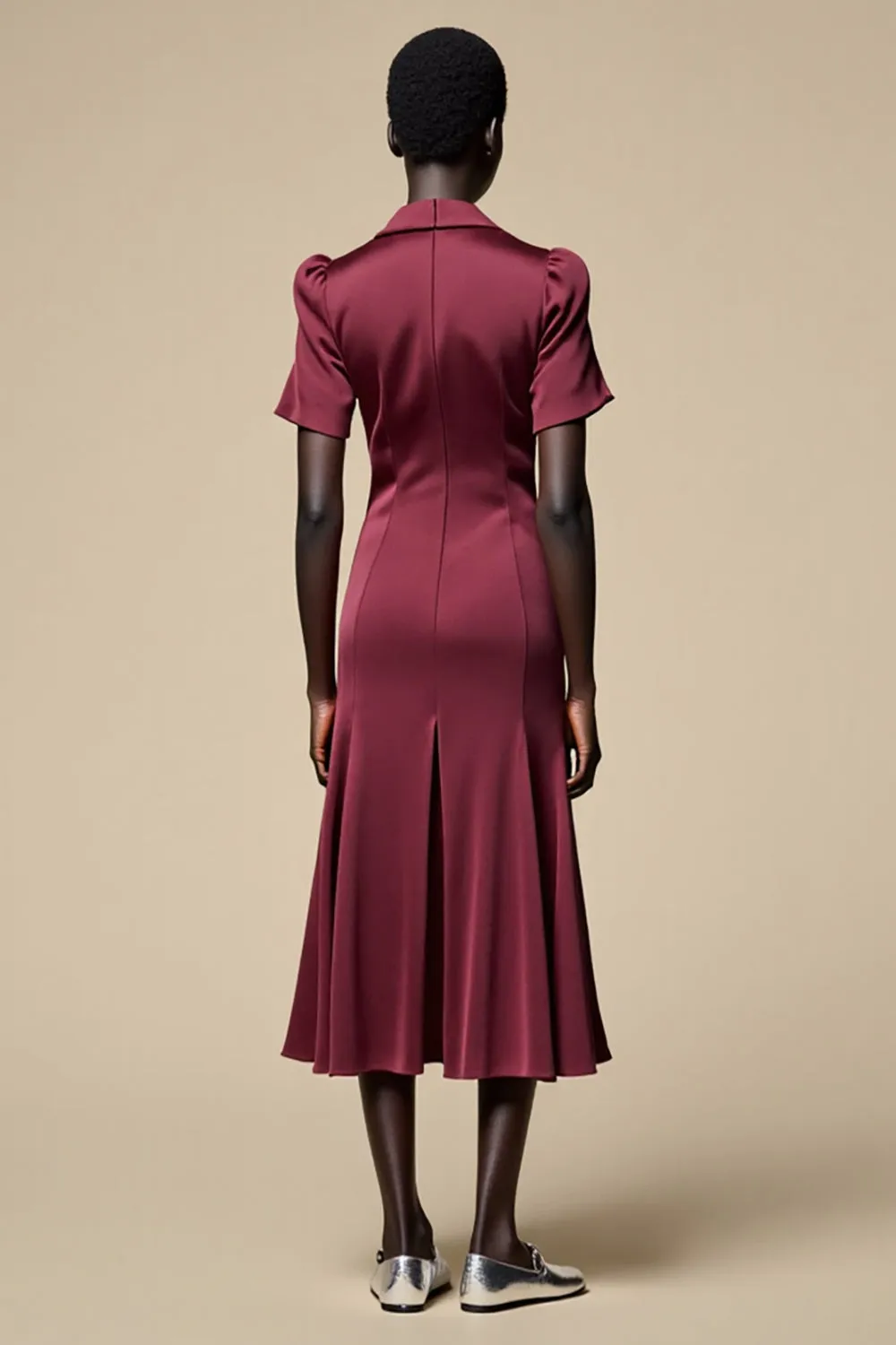 Shawl Lapel Burgundy A Line Midi Wedding Guest Dress sold by Zapaka product image thumbnail 2