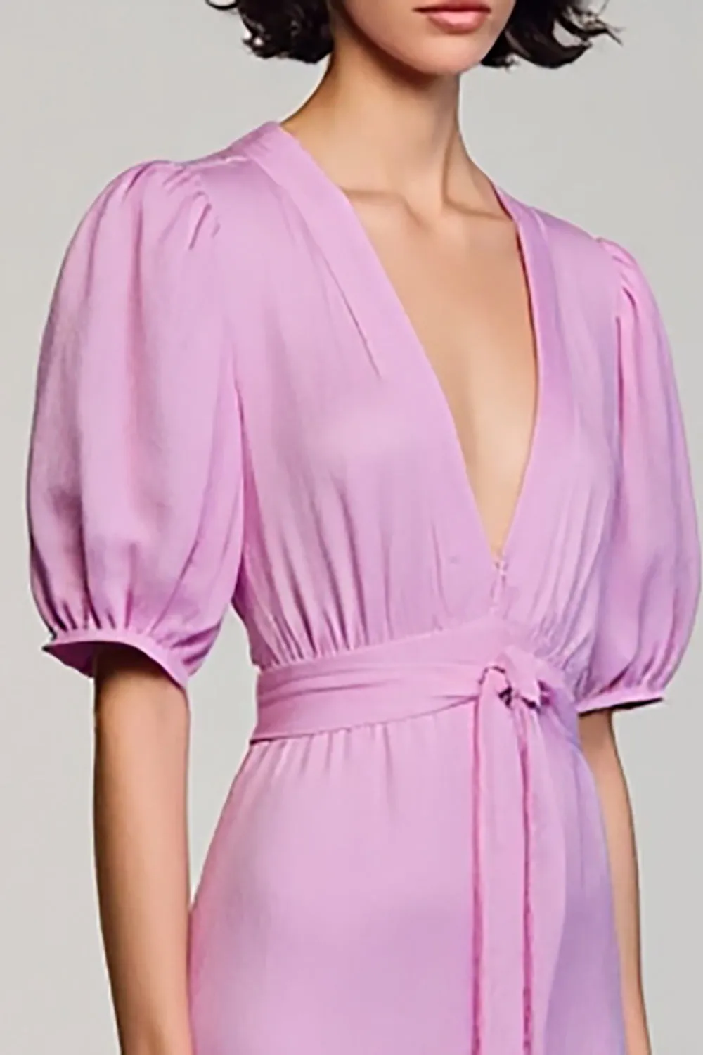 Purple A Line Deep V Neck Wedding Guest Dress with Short Sleeves sold by Zapaka product image thumbnail 4