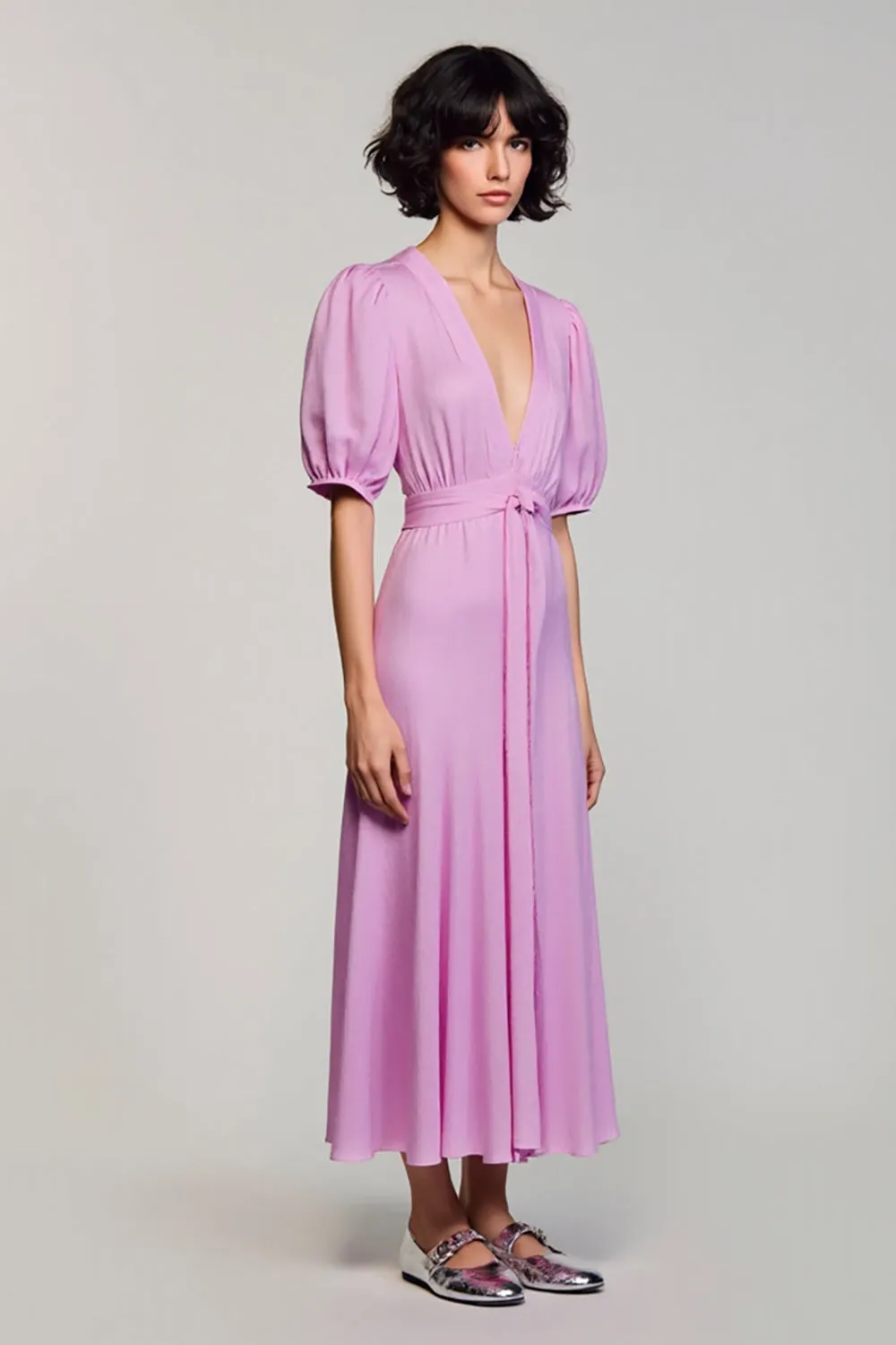 Purple A Line Deep V Neck Wedding Guest Dress with Short Sleeves sold by Zapaka