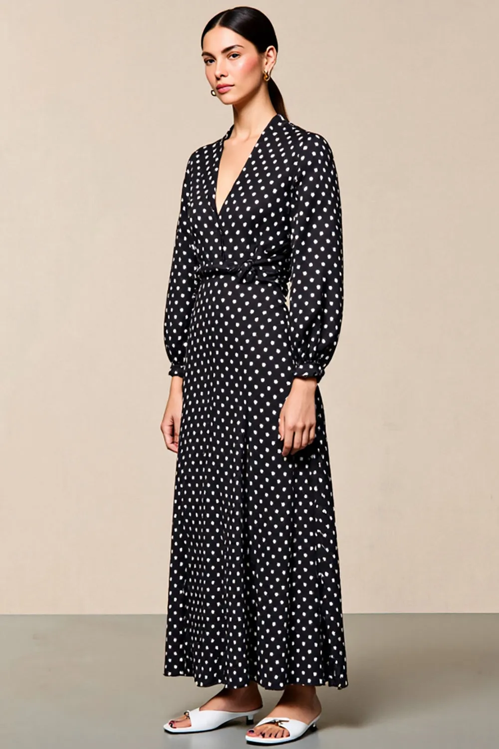 Black Polka Dot Long Sleeve A Line Wedding Guest Dress sold by Zapaka