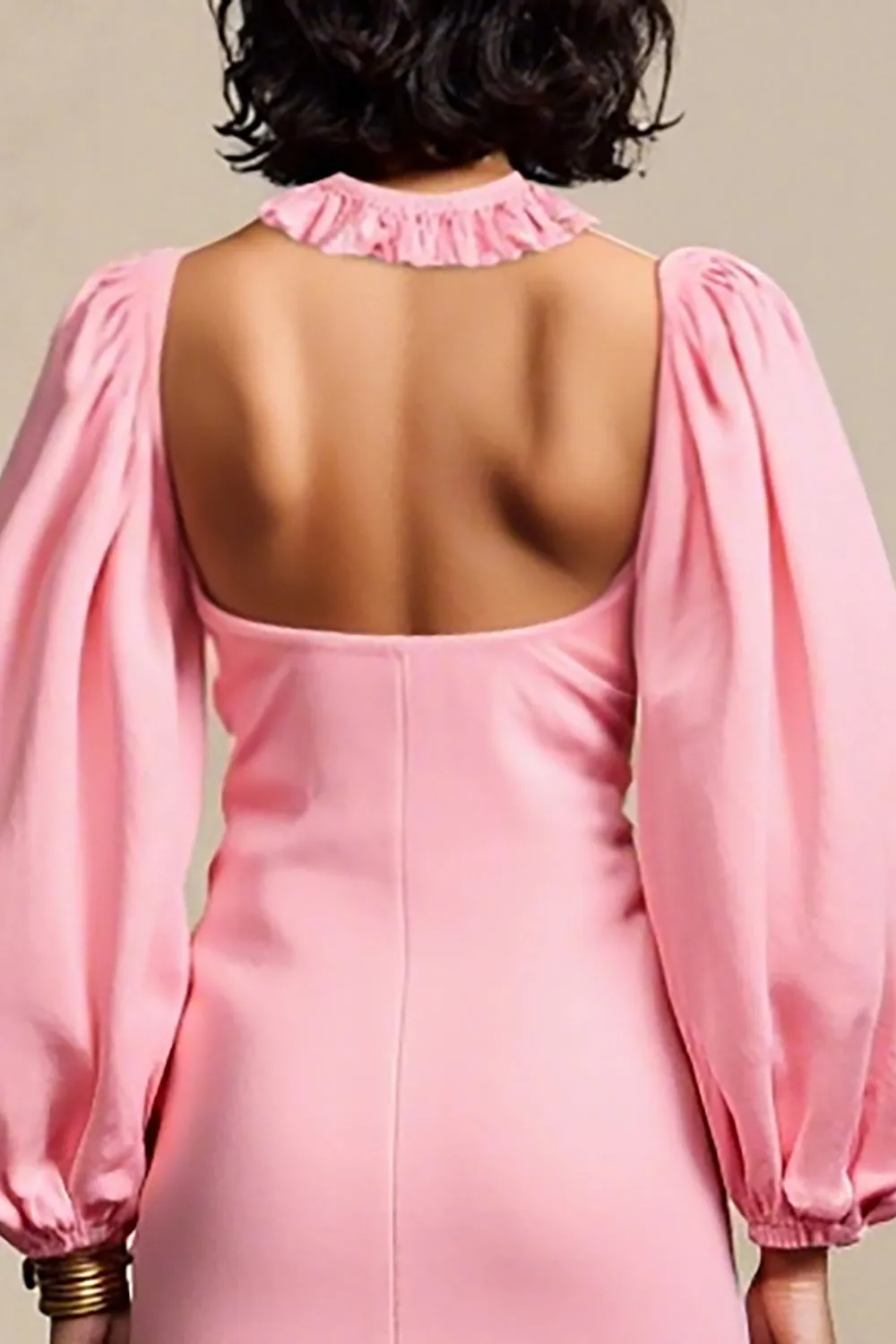 Pink Ruffled A Line Wedding Guest Dress With Removable Sleeves sold by Zapaka product image thumbnail 4