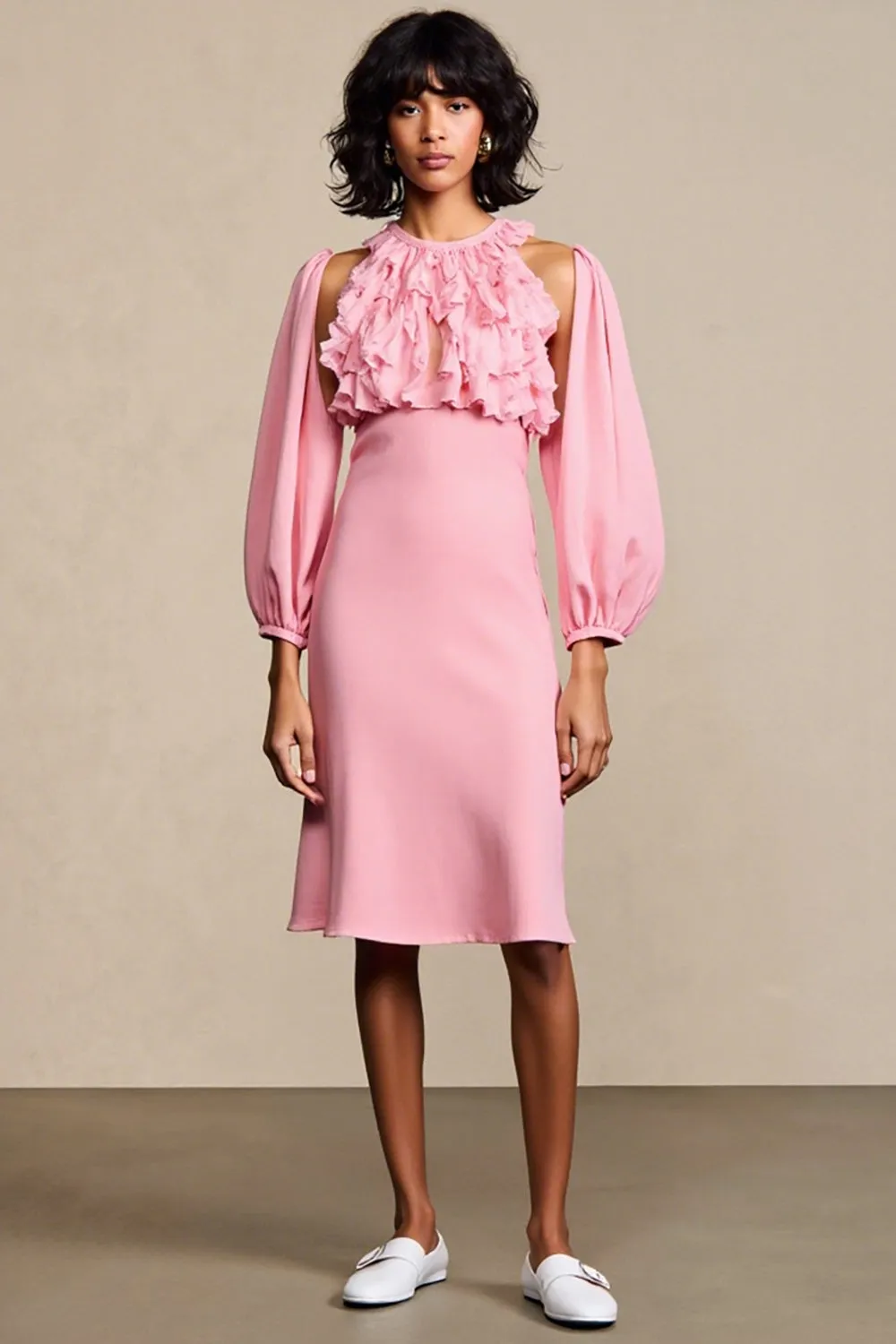 Pink Ruffled A Line Wedding Guest Dress With Removable Sleeves sold by Zapaka