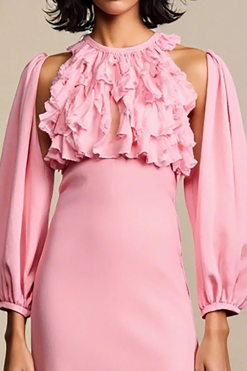 Pink Ruffled A Line Wedding Guest Dress With Removable Sleeves sold by Zapaka product image thumbnail 3