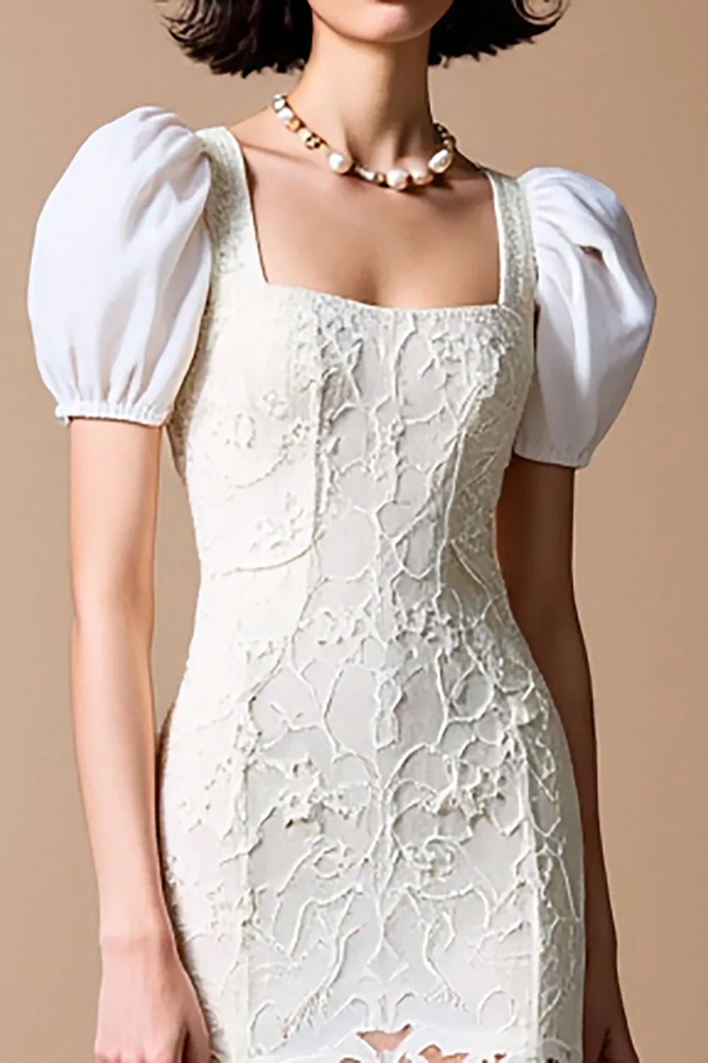 White Sheath Square Neck Lace Wedding Guest Dress sold by Zapaka product image thumbnail 3