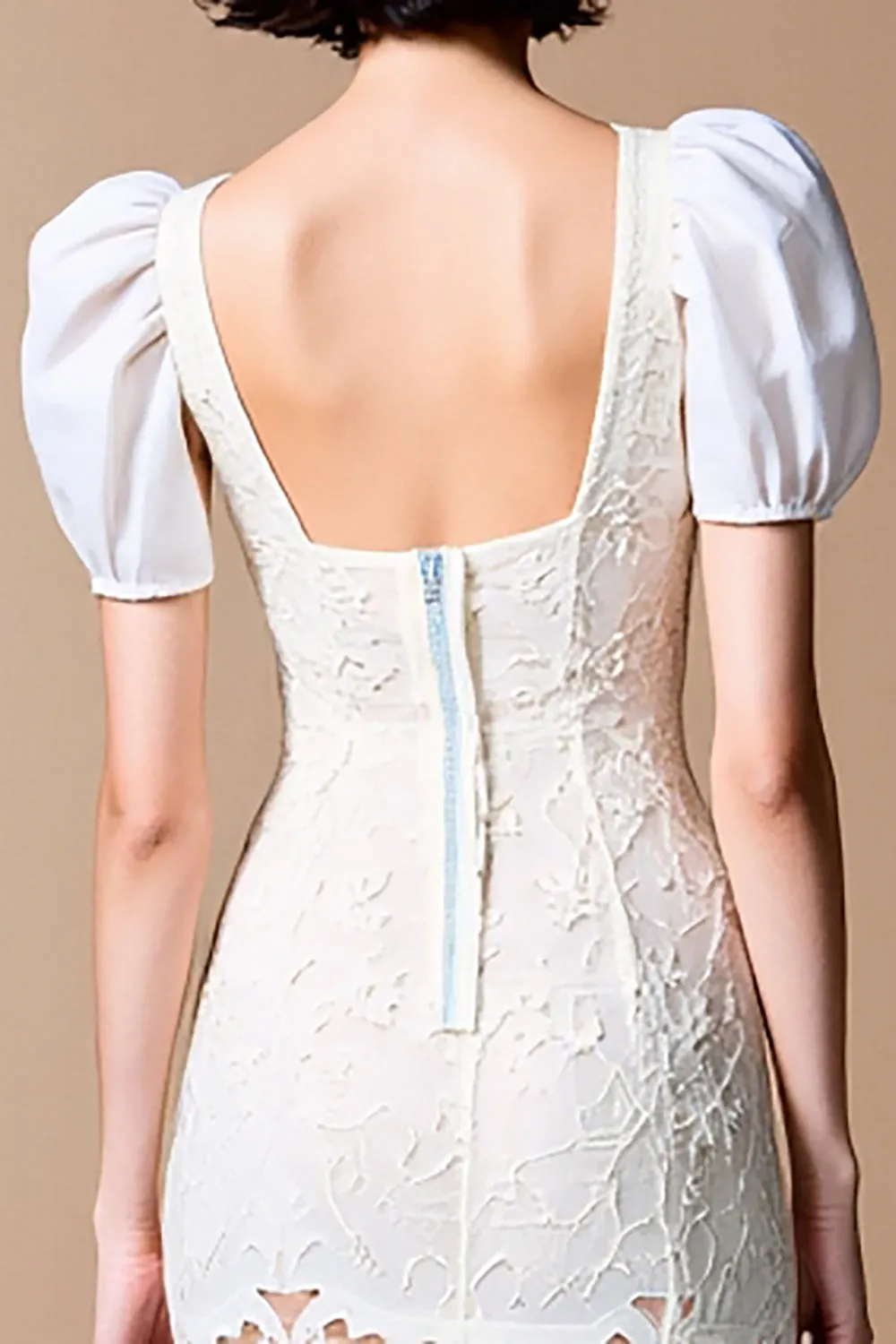 White Sheath Square Neck Lace Wedding Guest Dress sold by Zapaka product image thumbnail 4