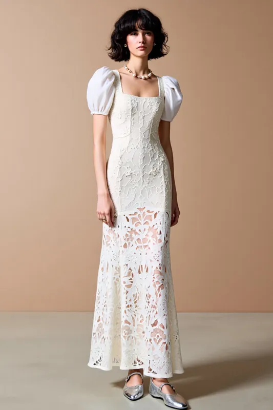White Sheath Square Neck Lace Wedding Guest Dress sold by Zapaka