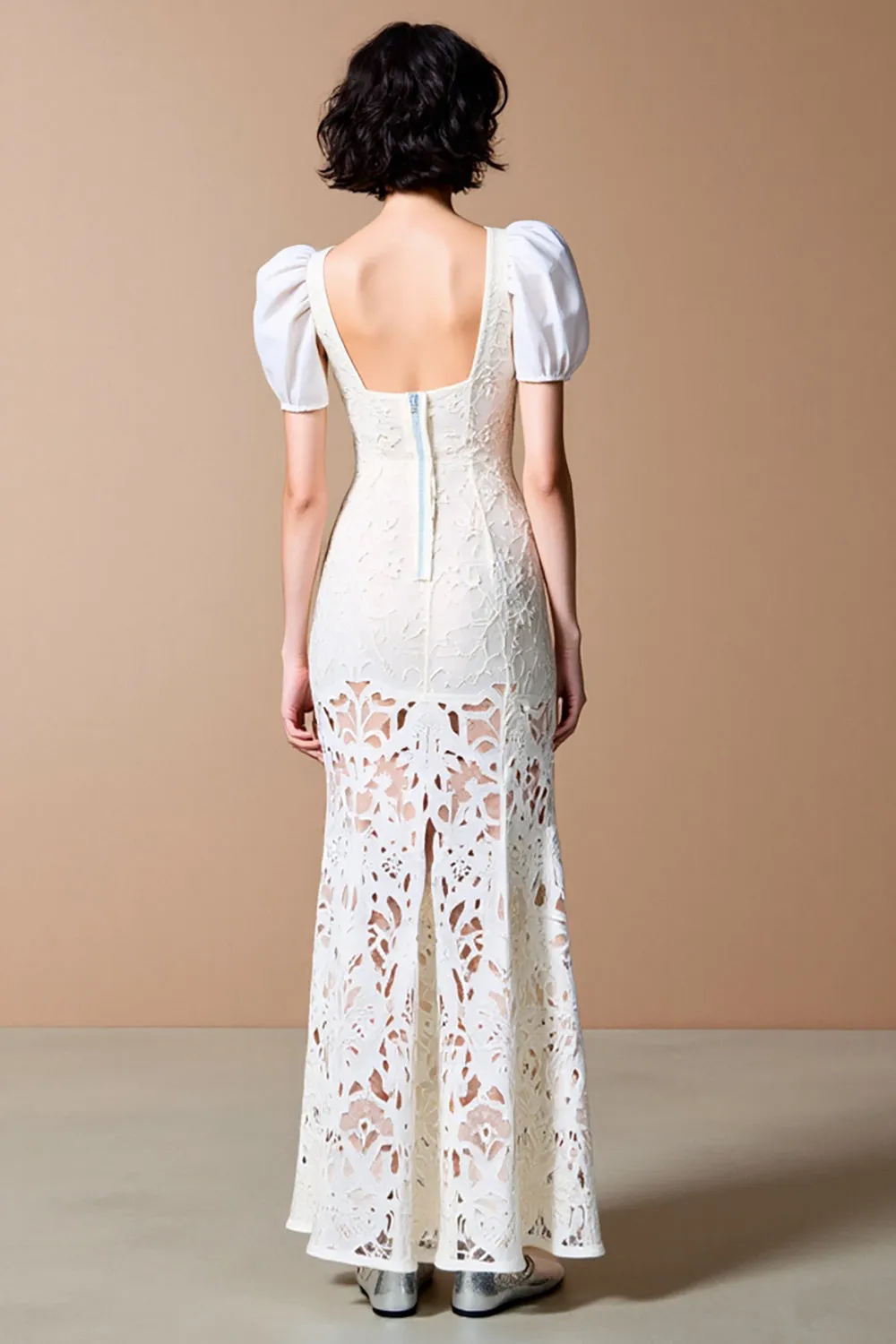 White Sheath Square Neck Lace Wedding Guest Dress sold by Zapaka product image thumbnail 2