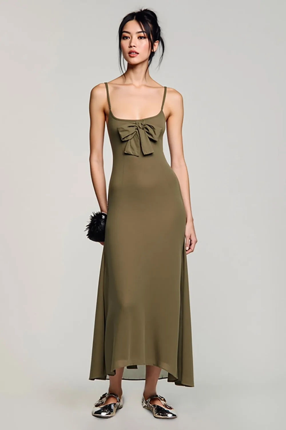 Olive Chiffon Spaghetti Straps Wedding Guest Dress with Bowknot sold by Zapaka