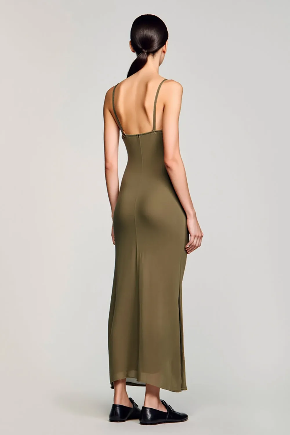 Olive Chiffon Spaghetti Straps Wedding Guest Dress with Bowknot sold by Zapaka product image thumbnail 2