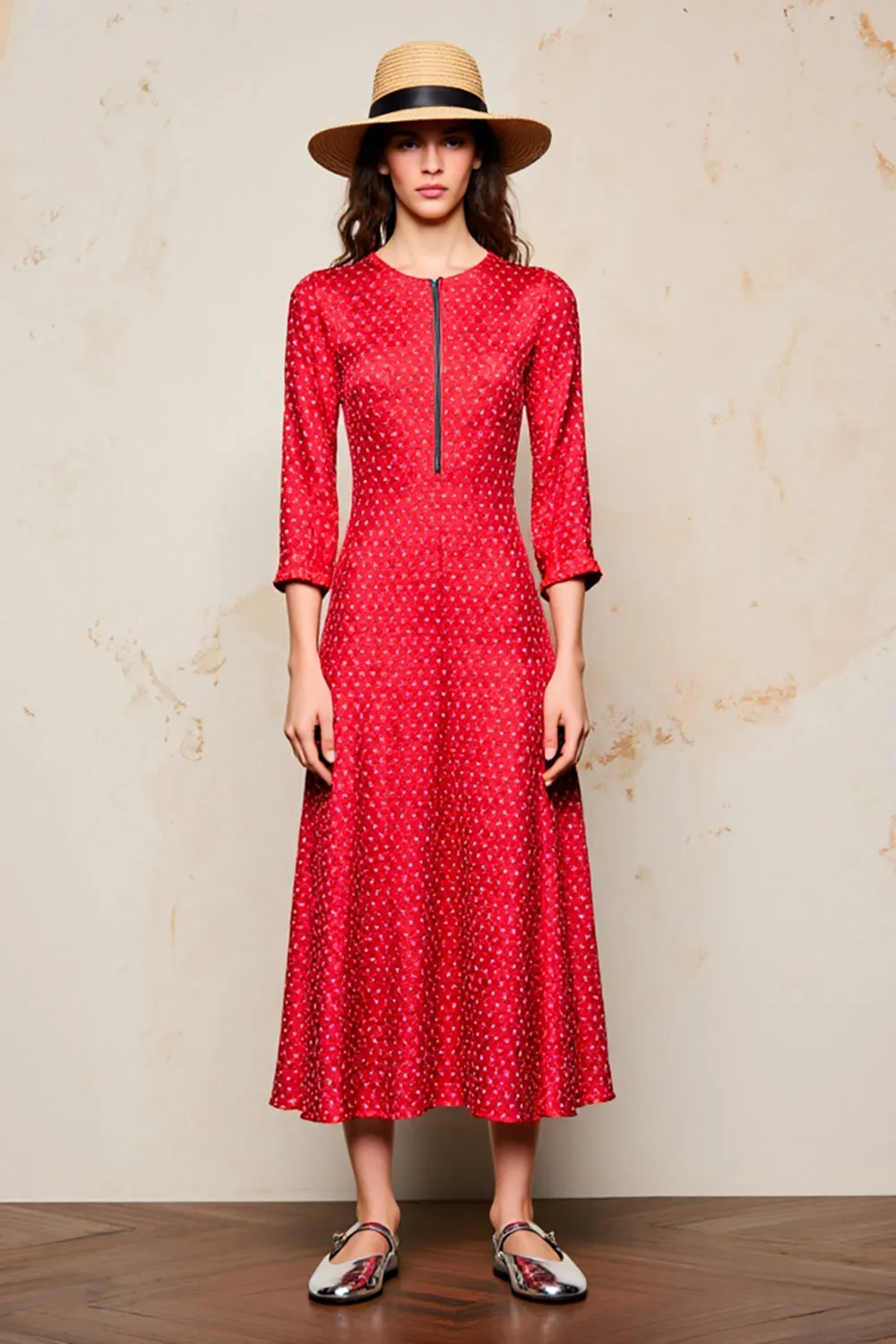 Red A Line 3/4 Sleeve Wedding Guest Dress sold by Zapaka
