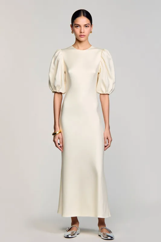 Puff Sleeve Keyhole Long Ivory Wedding Guest Dress sold by Zapaka