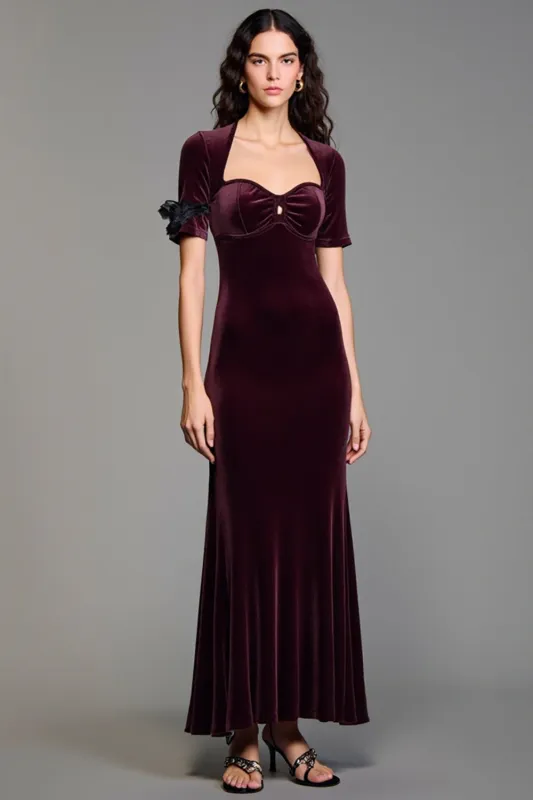 Burgundy Velvet Square Neck Wedding Guest Dress sold by Zapaka