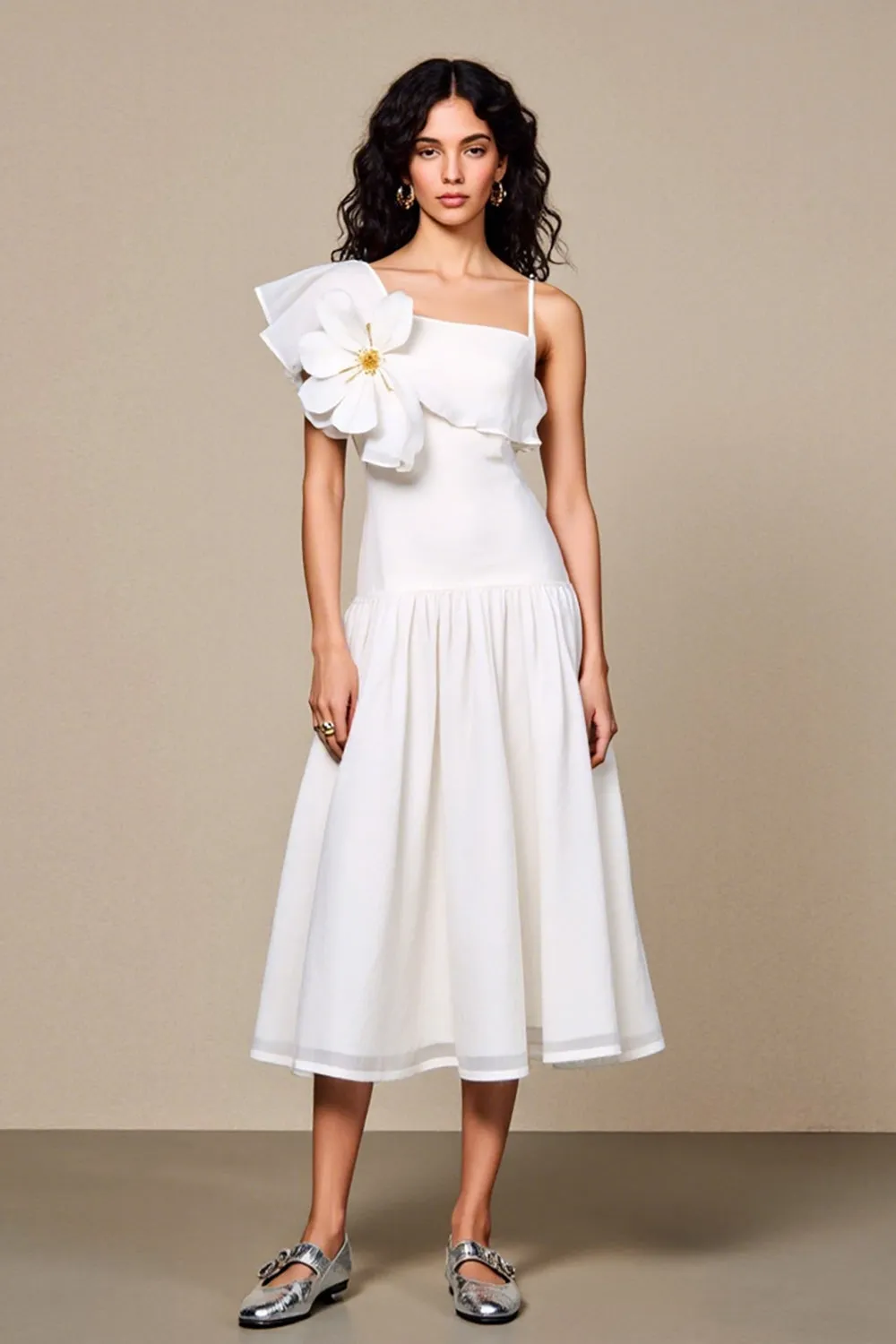 White A Line Floral Ruffled Wedding Guest Dress sold by Zapaka