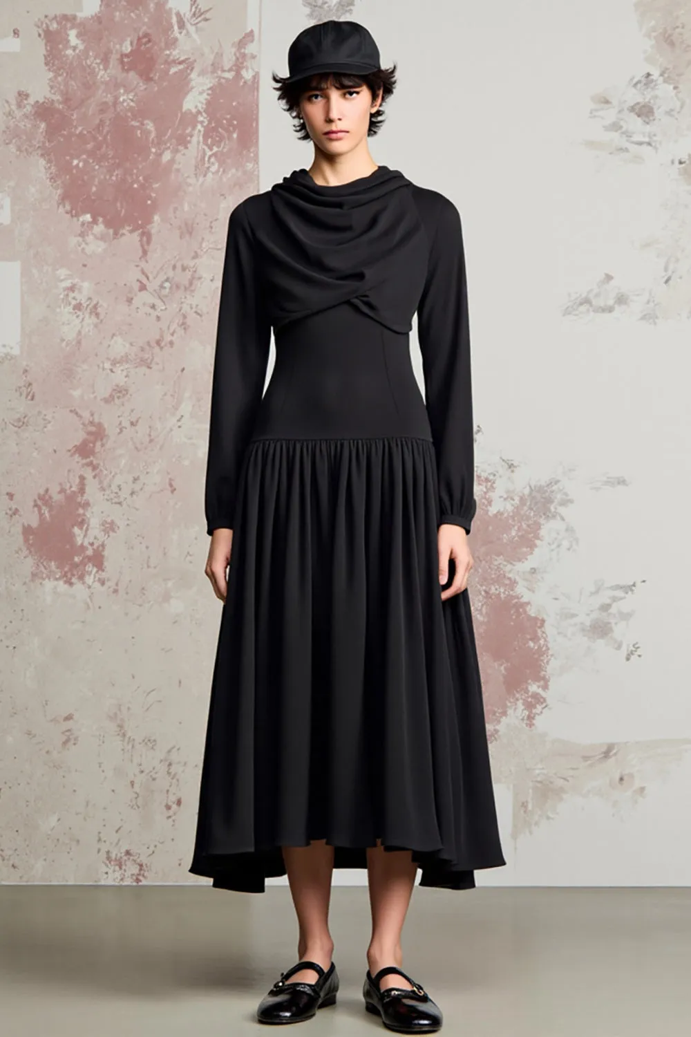 Black A Line Cowl Neck Long Sleeve Wedding Guest Dress sold by Zapaka