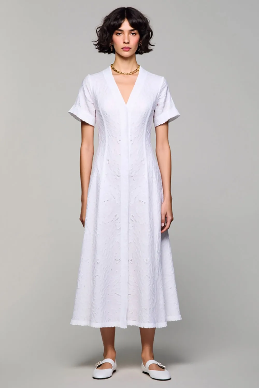Simple A Line V Neck Long White Wedding Guest Dress sold by Zapaka