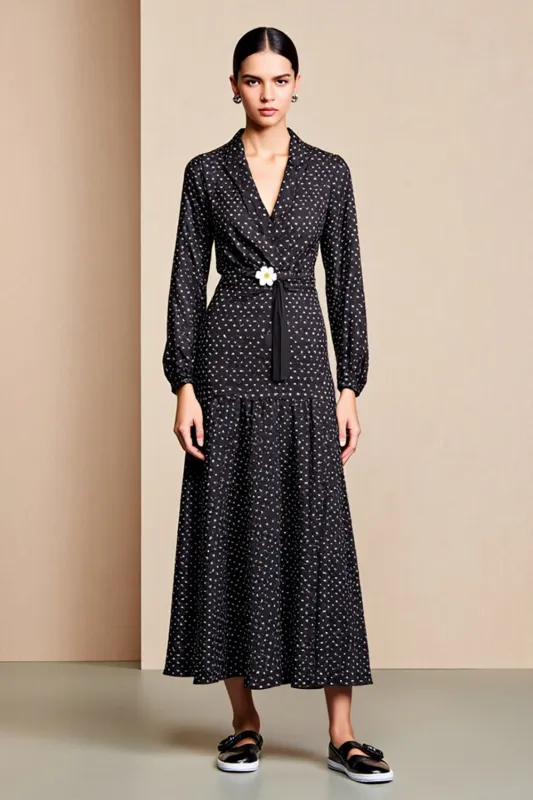 Black A Line Long Sleeve Wedding Guest Dress with White Polka Dots sold by Zapaka