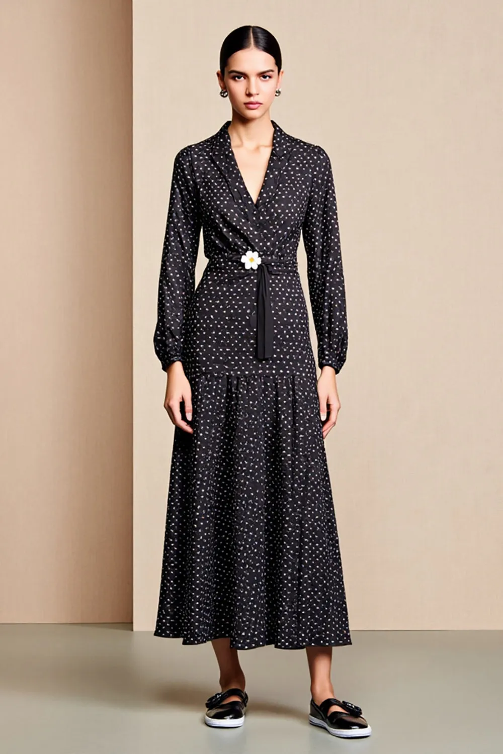 Black A Line Long Sleeve Wedding Guest Dress with White Polka Dots sold by Zapaka