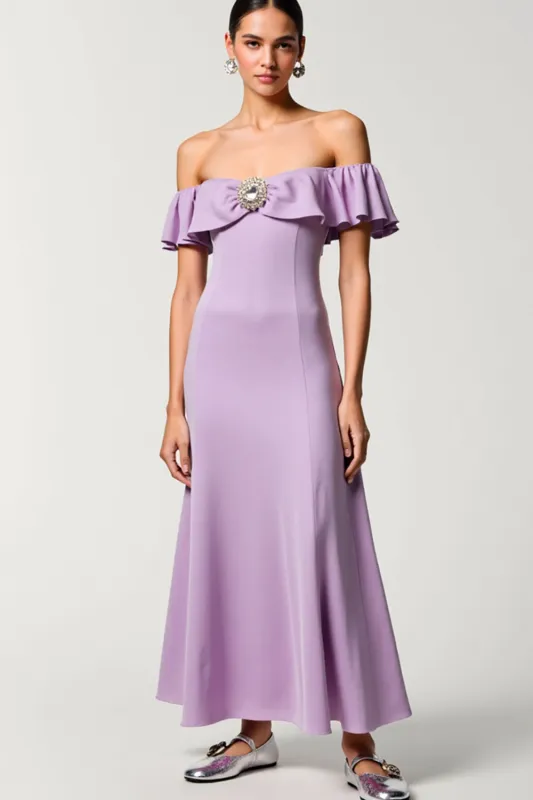 Chiffon Purple Off the Shoulder A Line Wedding Guest Dress sold by Zapaka