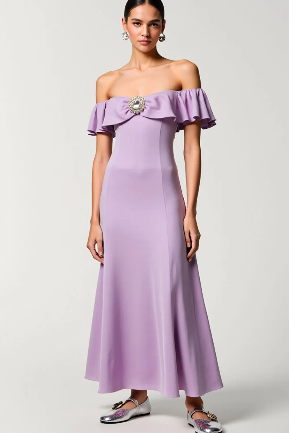 Chiffon Purple Off the Shoulder A Line Wedding Guest Dress sold by Zapaka