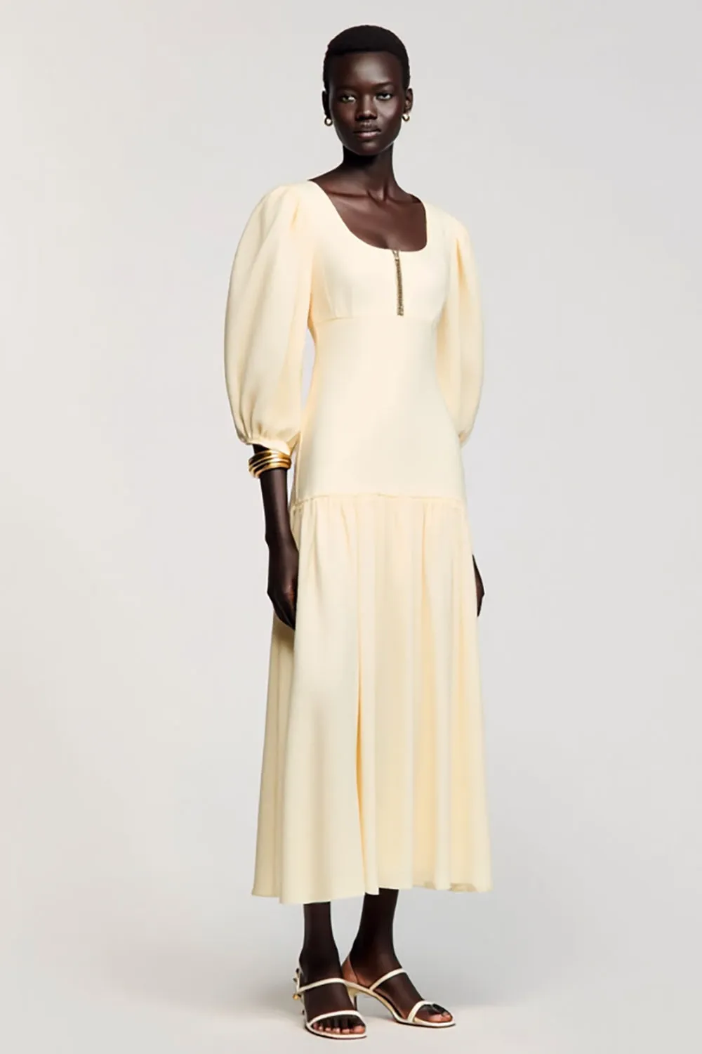 Apricot Square Neck Satin Midi Wedding Guest Dress with Sleeves sold by Zapaka