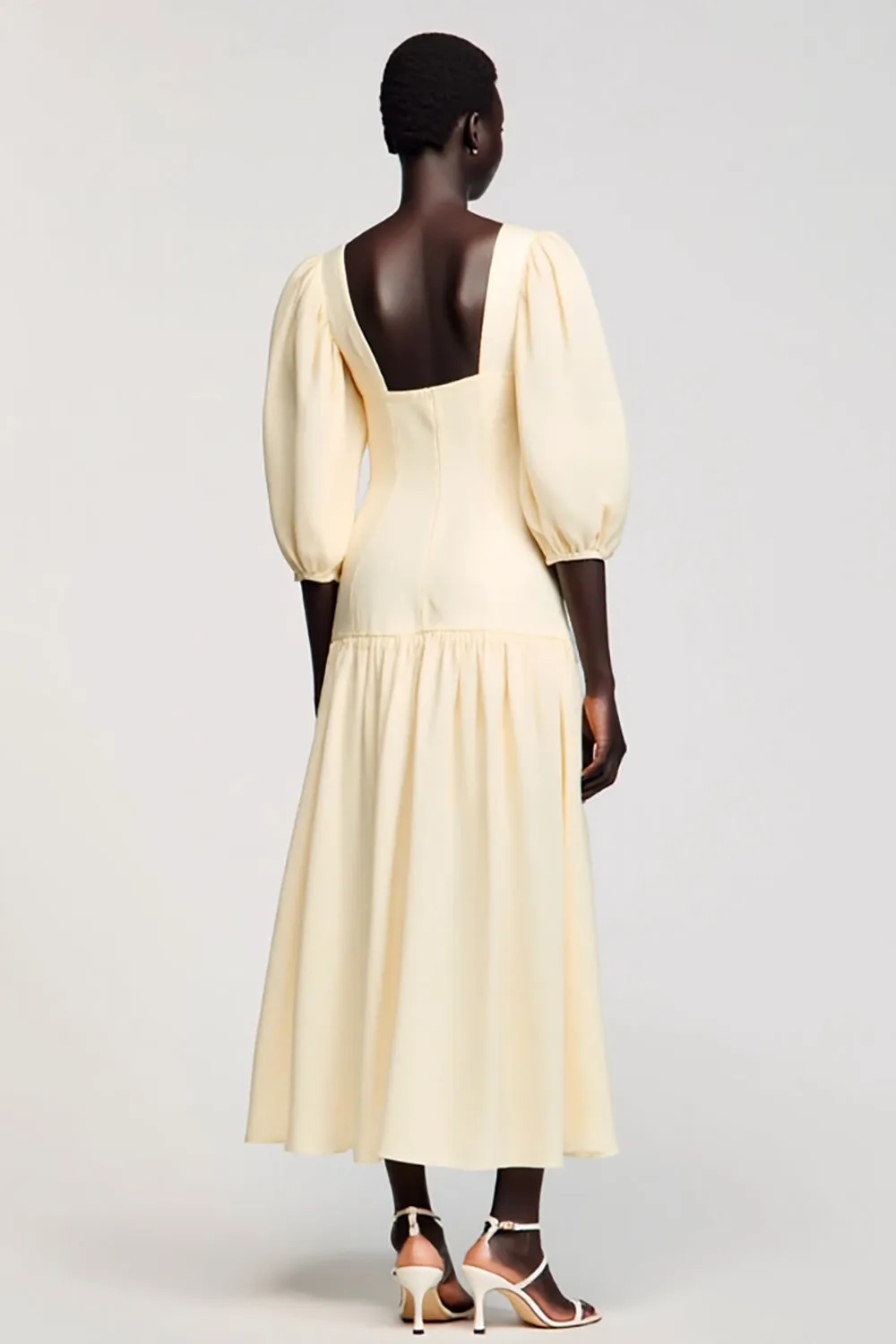 Apricot Square Neck Satin Midi Wedding Guest Dress with Sleeves sold by Zapaka product image thumbnail 2