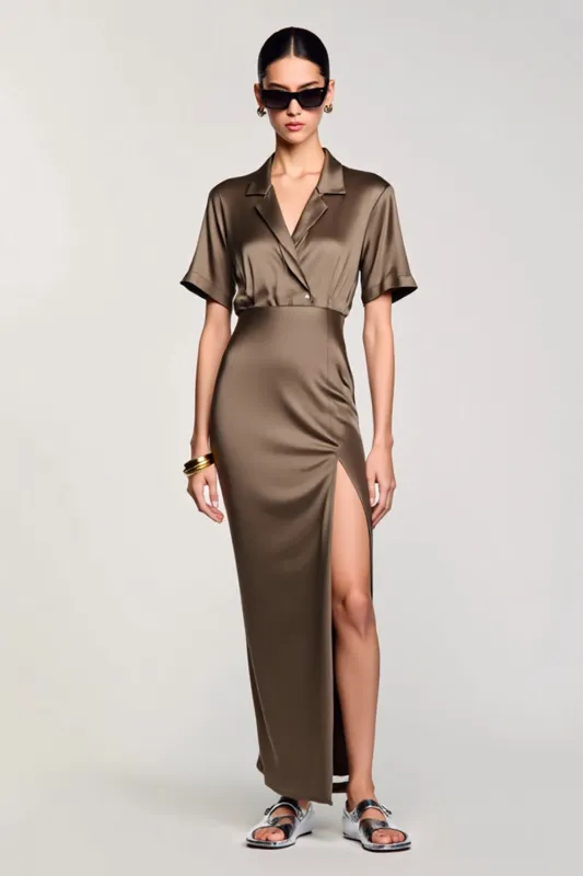 Olive Sheath Notched Lapel Wedding Guest Dress with Slit sold by Zapaka