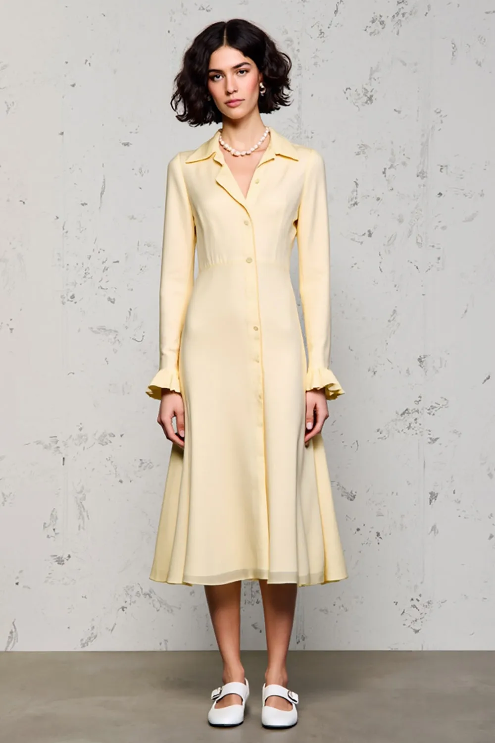 Lapel Long Sleeve Apricot Wedding Guest Dress sold by Zapaka