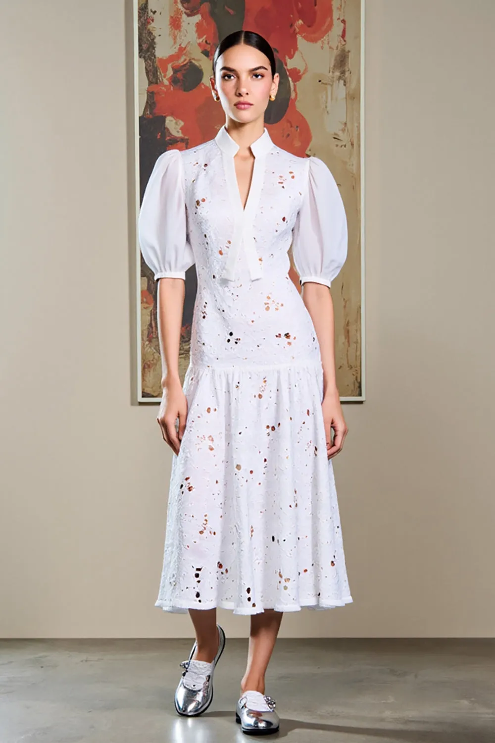 White A Line Printed Wedding Guest Dress sold by Zapaka