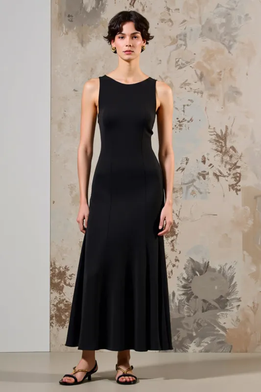 Simple Black Round Neck Satin Long Wedding Guest Dress sold by Zapaka