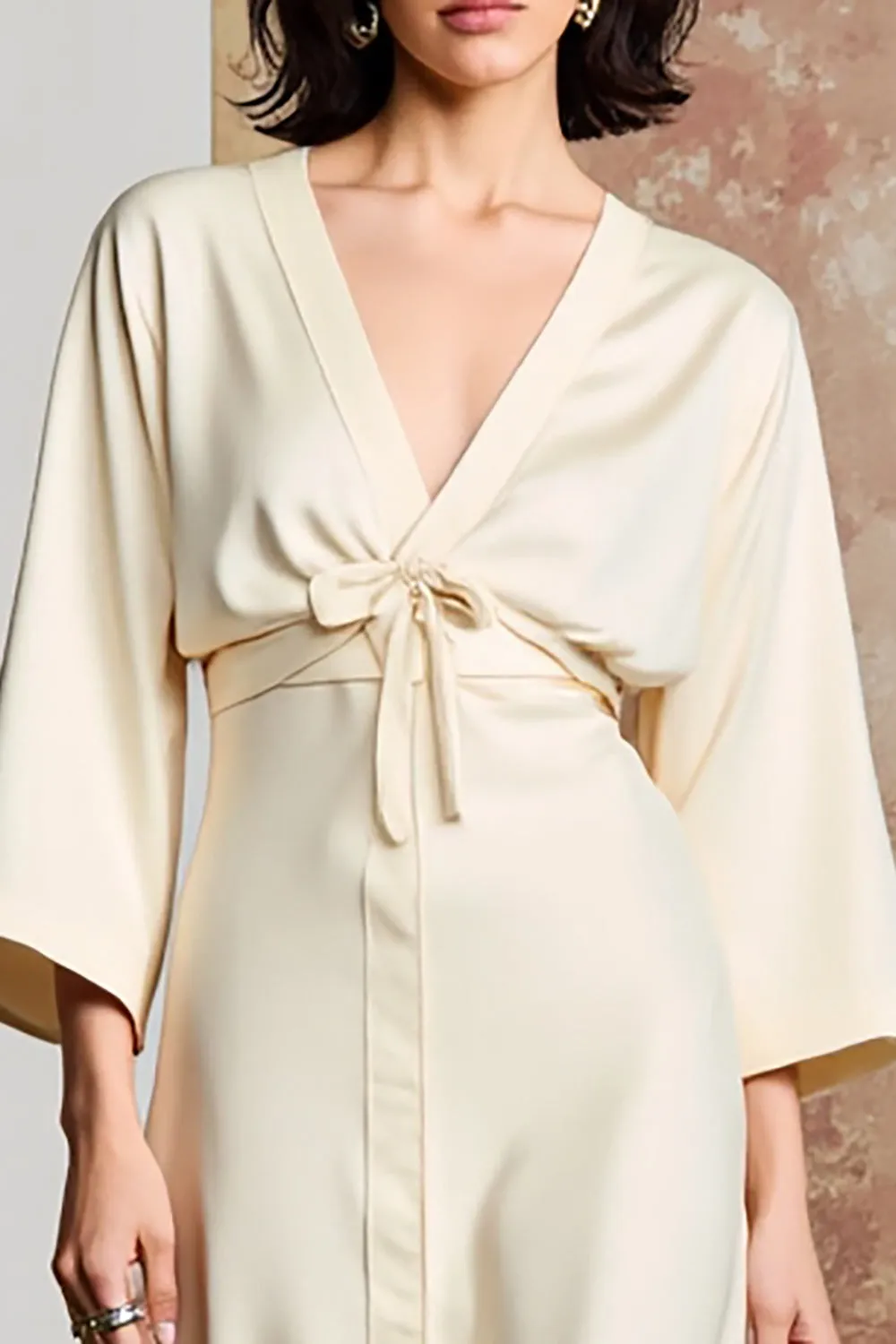 A Line Ivory V Neck Long Wedding Guest Dress With Bow sold by Zapaka product image thumbnail 3