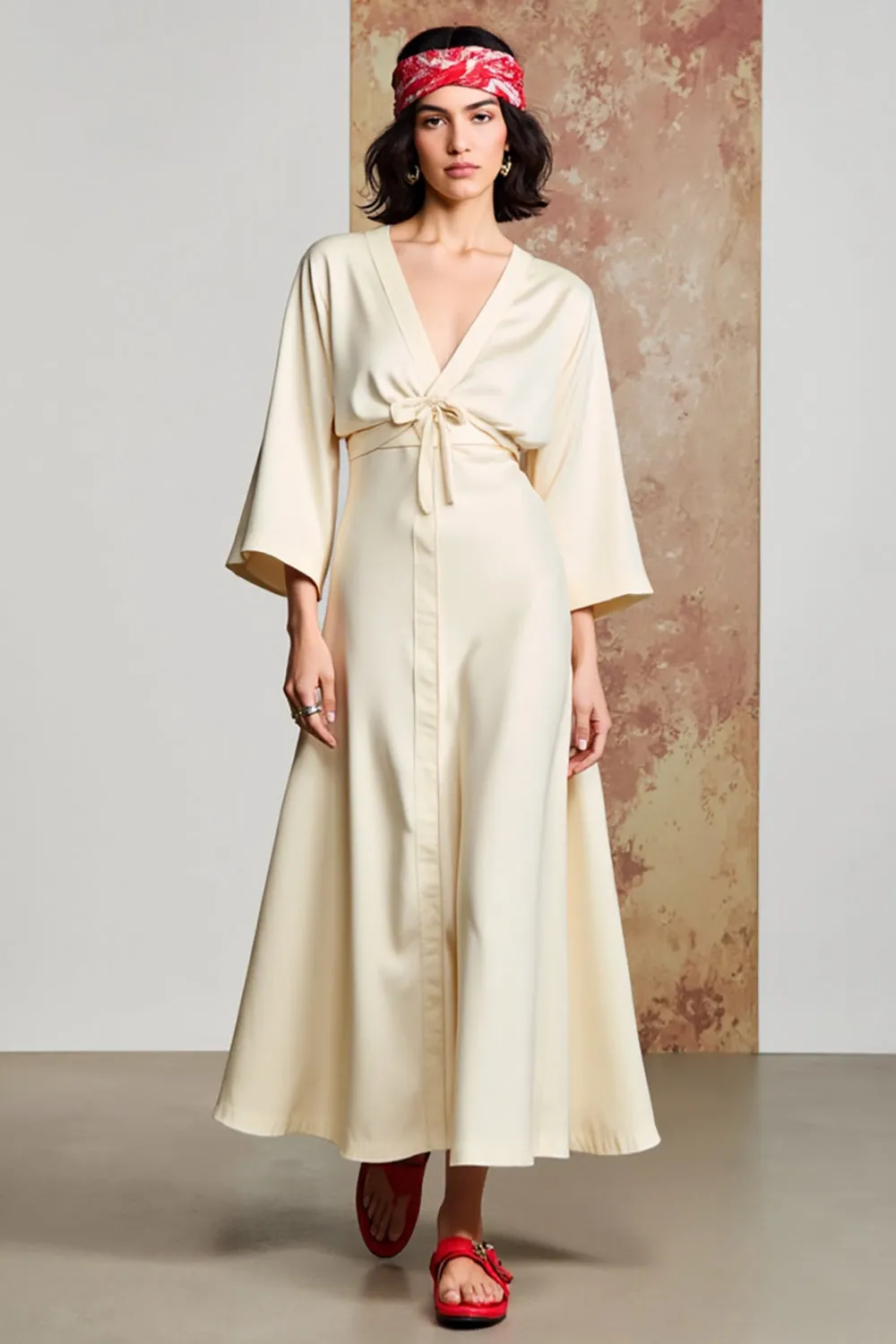 A Line Ivory V Neck Long Wedding Guest Dress With Bow sold by Zapaka