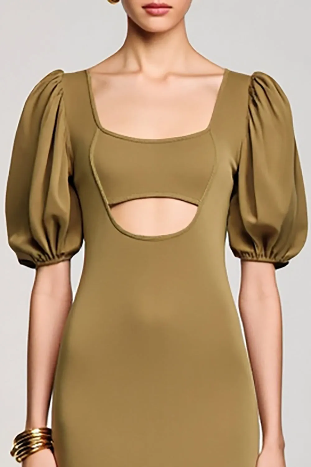 Olive Keyhole Square Neck Long Wedding Guest Dress with Puff Sleeves sold by Zapaka product image thumbnail 3