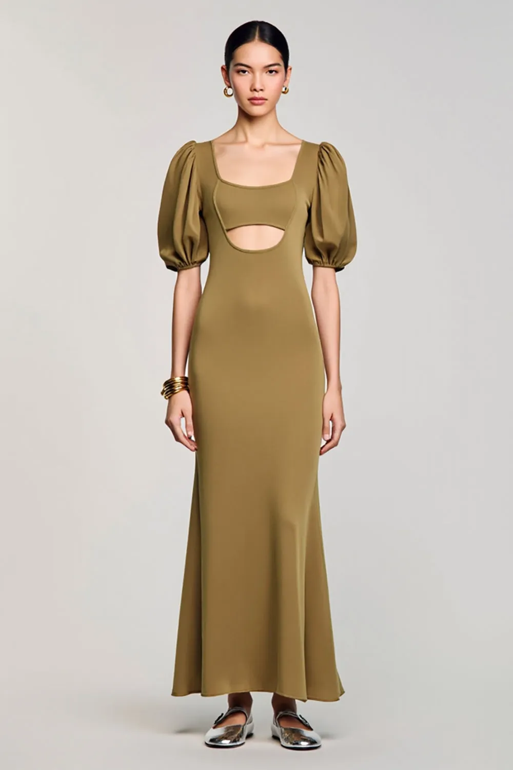Olive Keyhole Square Neck Long Wedding Guest Dress with Puff Sleeves sold by Zapaka