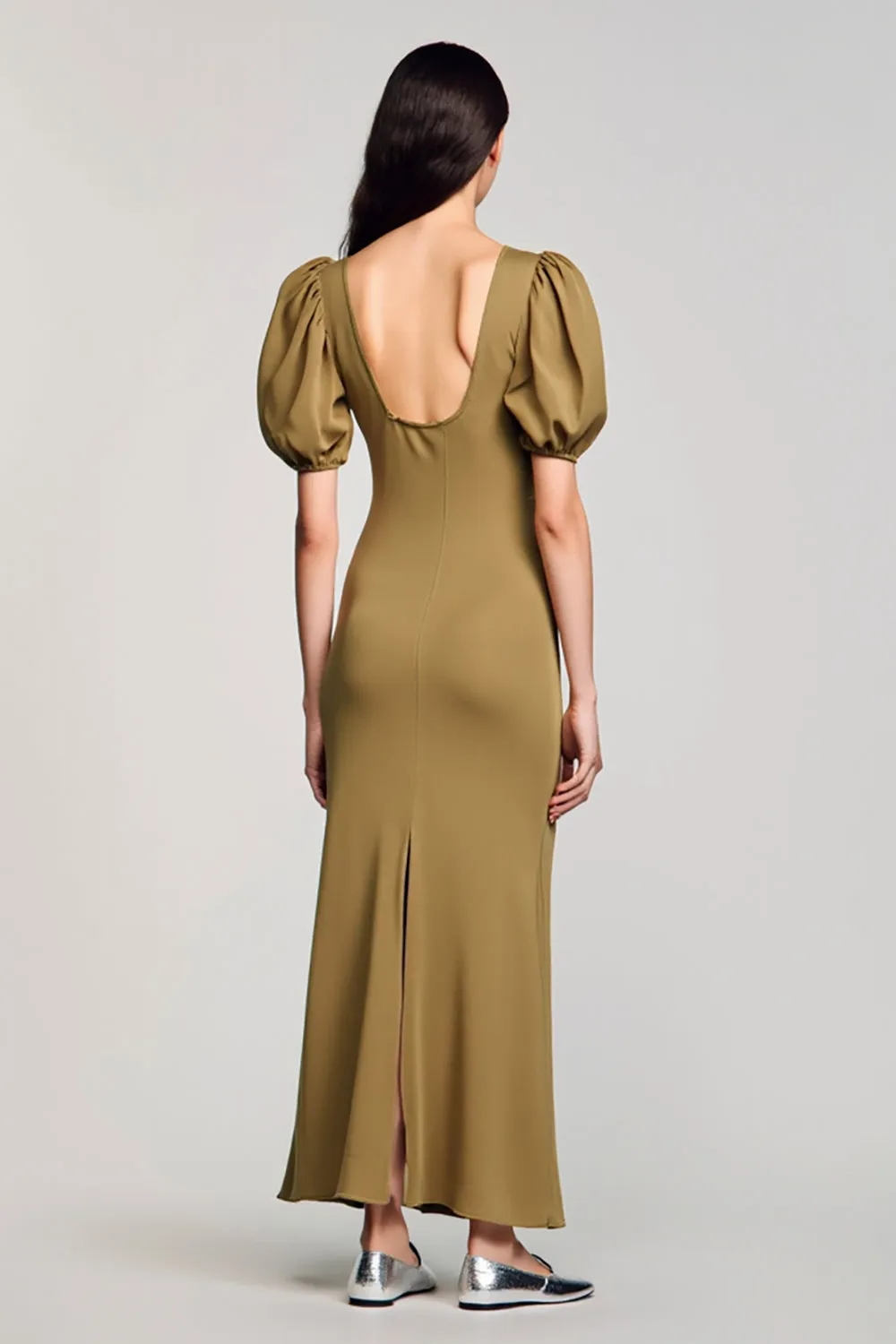 Olive Keyhole Square Neck Long Wedding Guest Dress with Puff Sleeves sold by Zapaka product image thumbnail 2