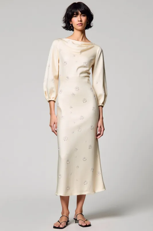 Boat Neck Ivory Printed Sheath Wedding Guest Dress sold by Zapaka