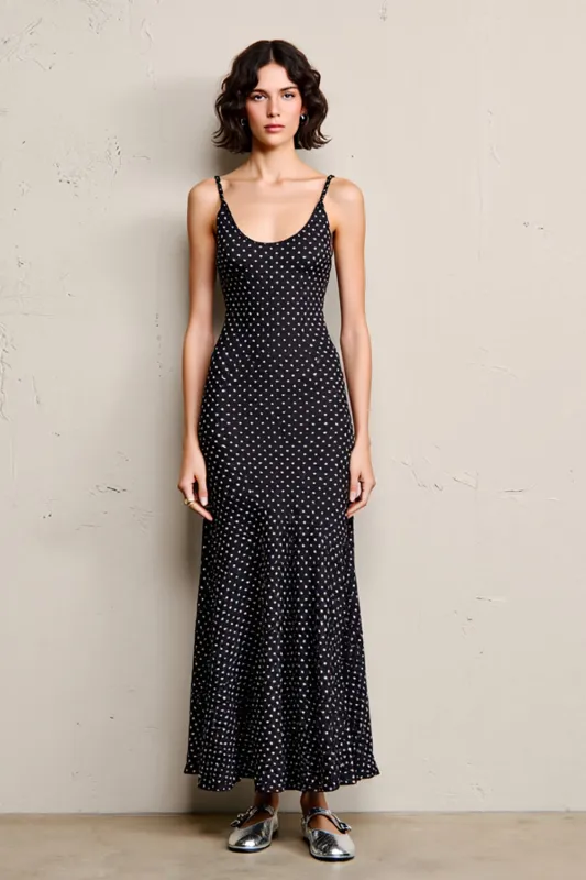 Black Polka Dot Backless Long Wedding Guest Dress sold by Zapaka