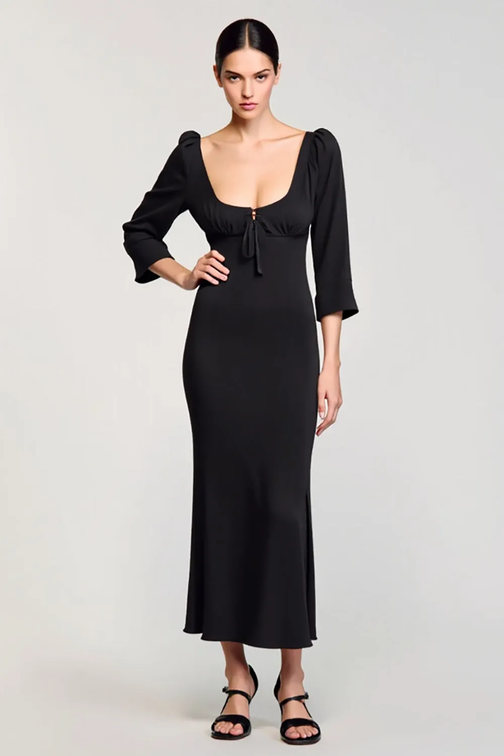 Black Satin Square Neck Long Wedding Guest Dress with 3/4 Sleeves sold by Zapaka